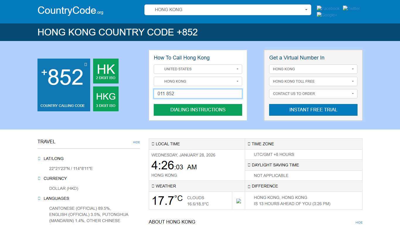 CountryCode.org: Hong Kong Country Code 852 Country Code HK